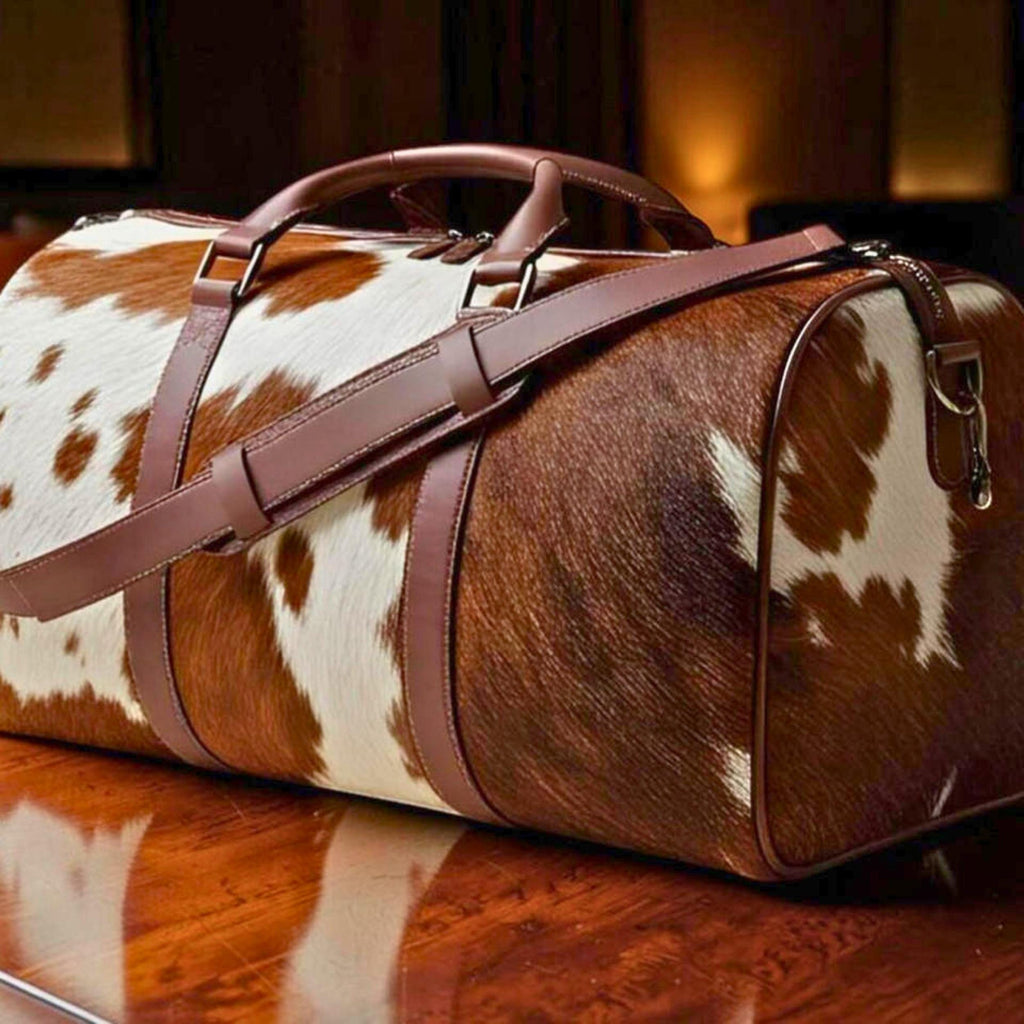 Personalized Cowhide Leather Duffel Bag | Hair On Hide Weekender Travel Bag | Handmade Western Unisex Overnight Gym Bag | Gift for Dad
