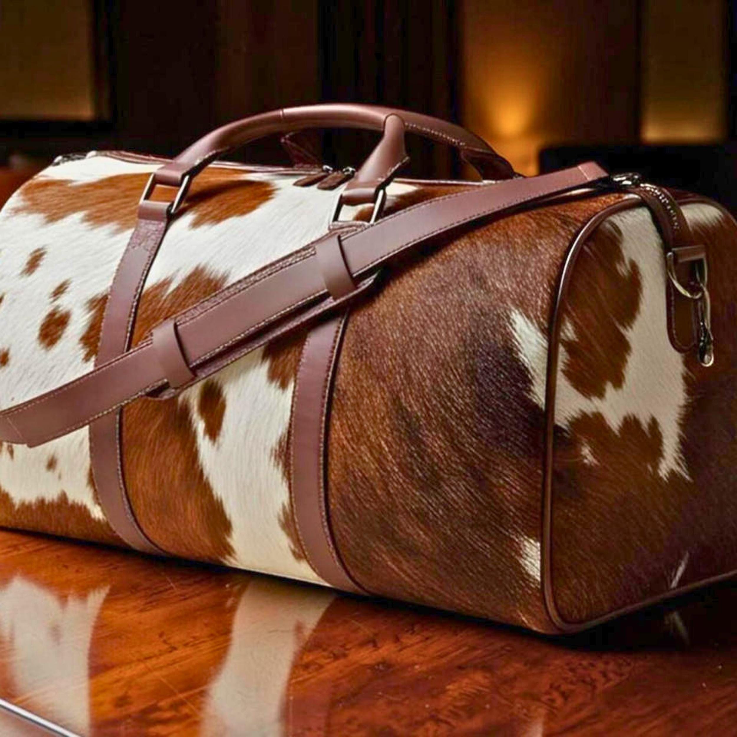 Personalized Cowhide Leather Duffel Bag | Hair On Hide Weekender Travel Bag | Handmade Western Unisex Overnight Gym Bag | Gift for Dad