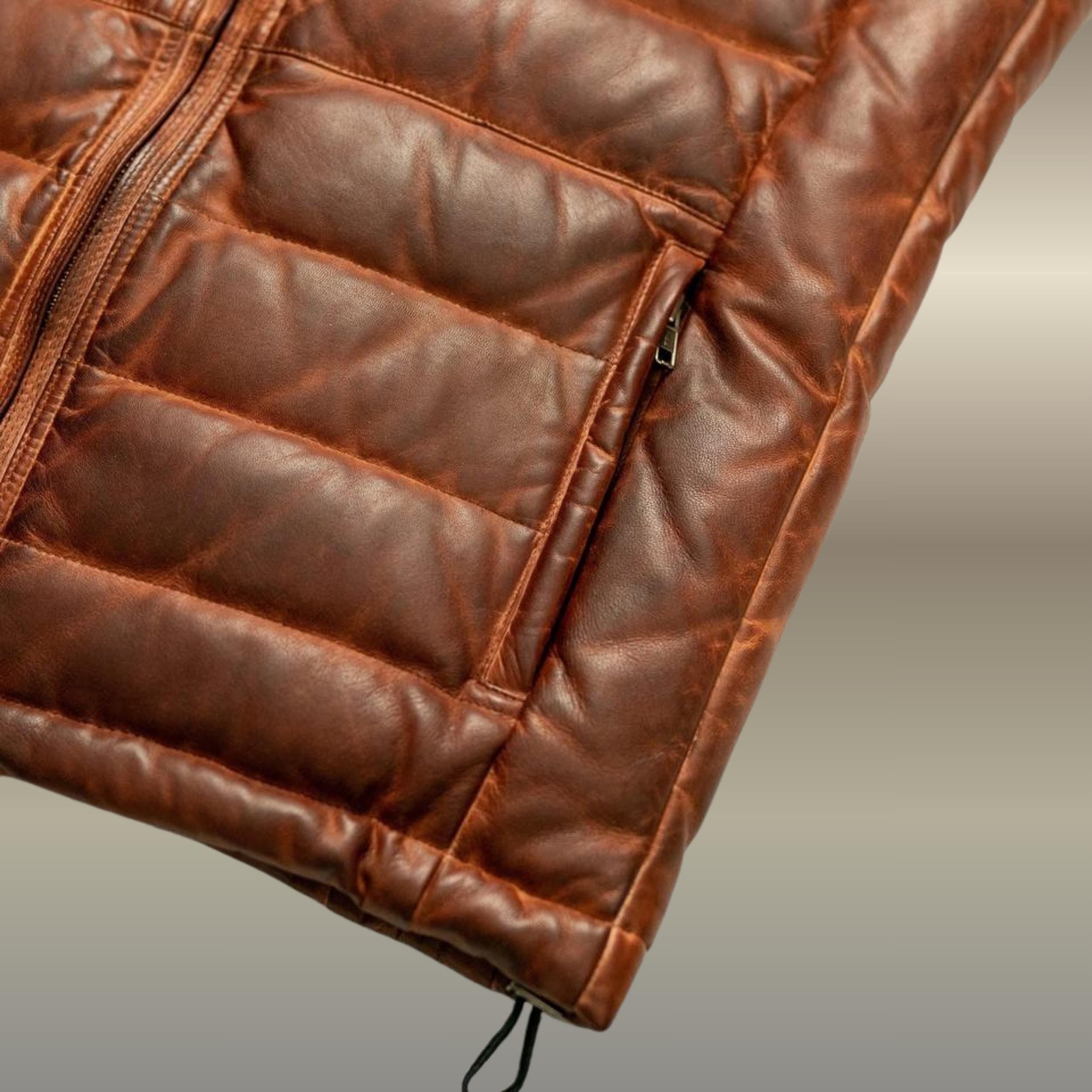 Men’s Distressed Brown Lambskin Leather Quilted Puffer Vest | Bridger Style Down Vest | Australia New Zealand Fashion Outerwear