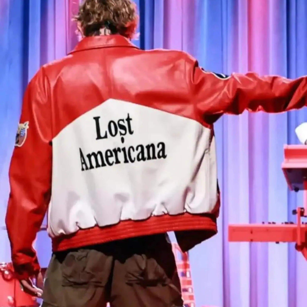 MGK Tonight Show Inspired Jacket | Lost Americana Retro Streetwear Leather Coat | Red & White Vintage Statement Jacket