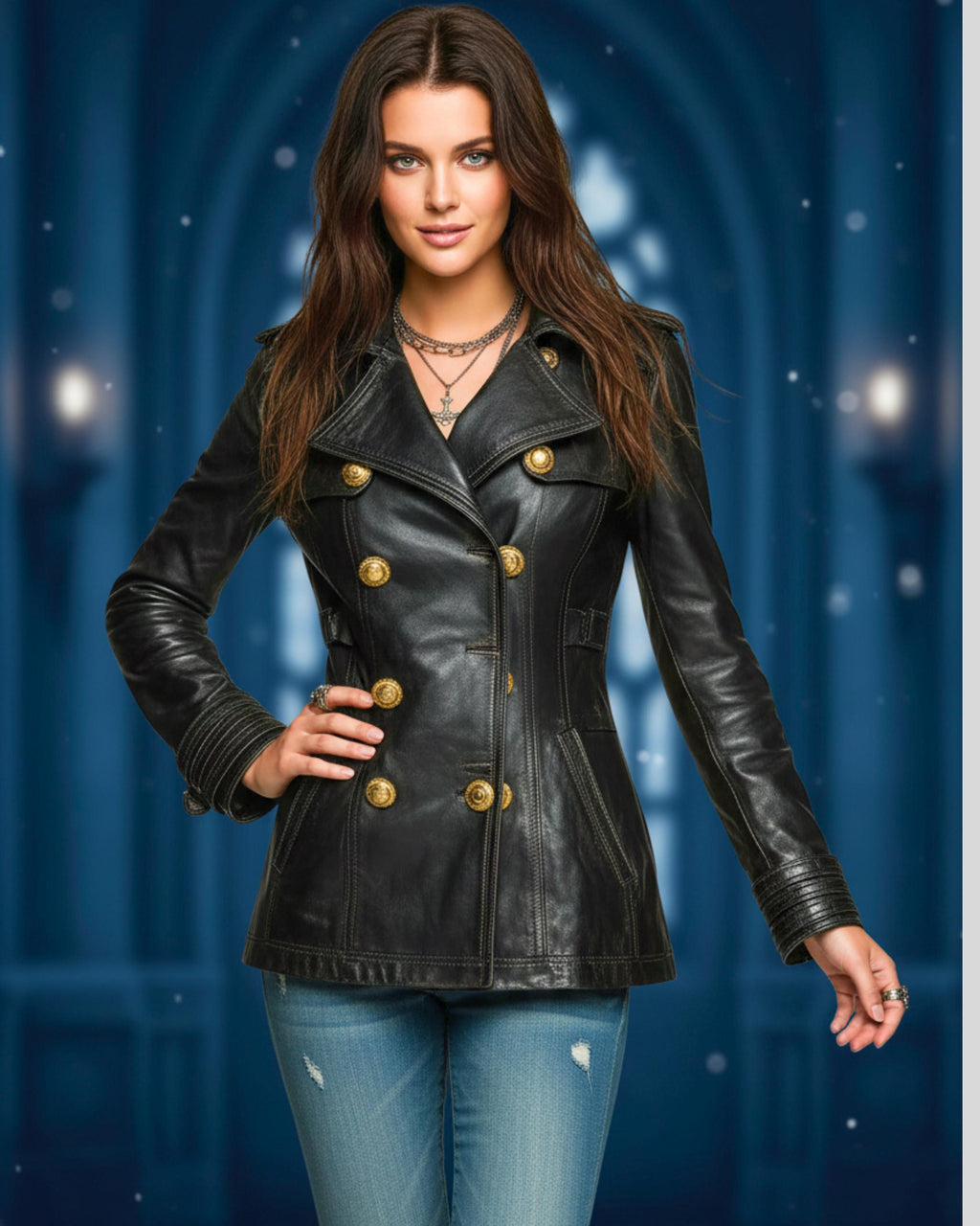Women’s Handmade Black Distressed Jeans Style Leather Coat | Vintage Style Double-Breasted Gold Button Jacket | Goth Outerwear