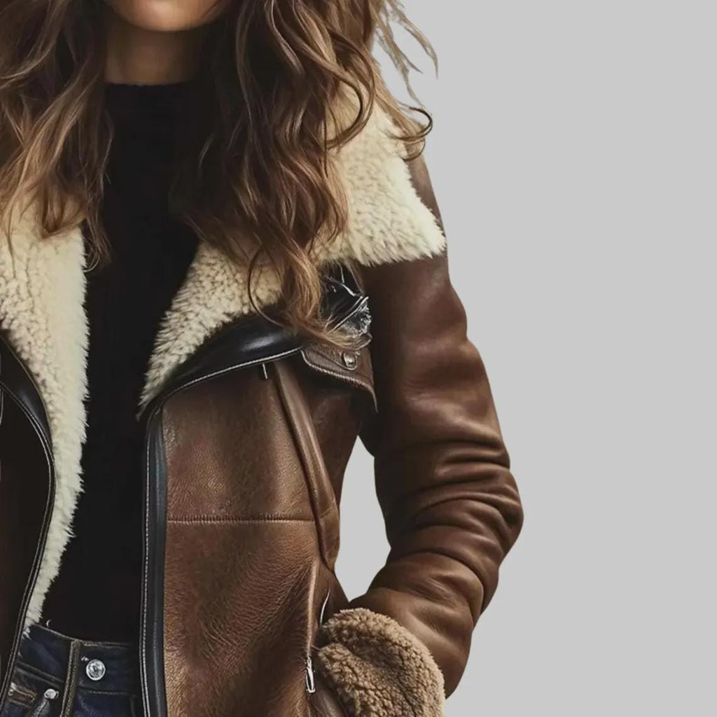 Women's Sheepskin Aviator Jacket | Genuine Leather Coat | Faux Fur Lapel Collar
