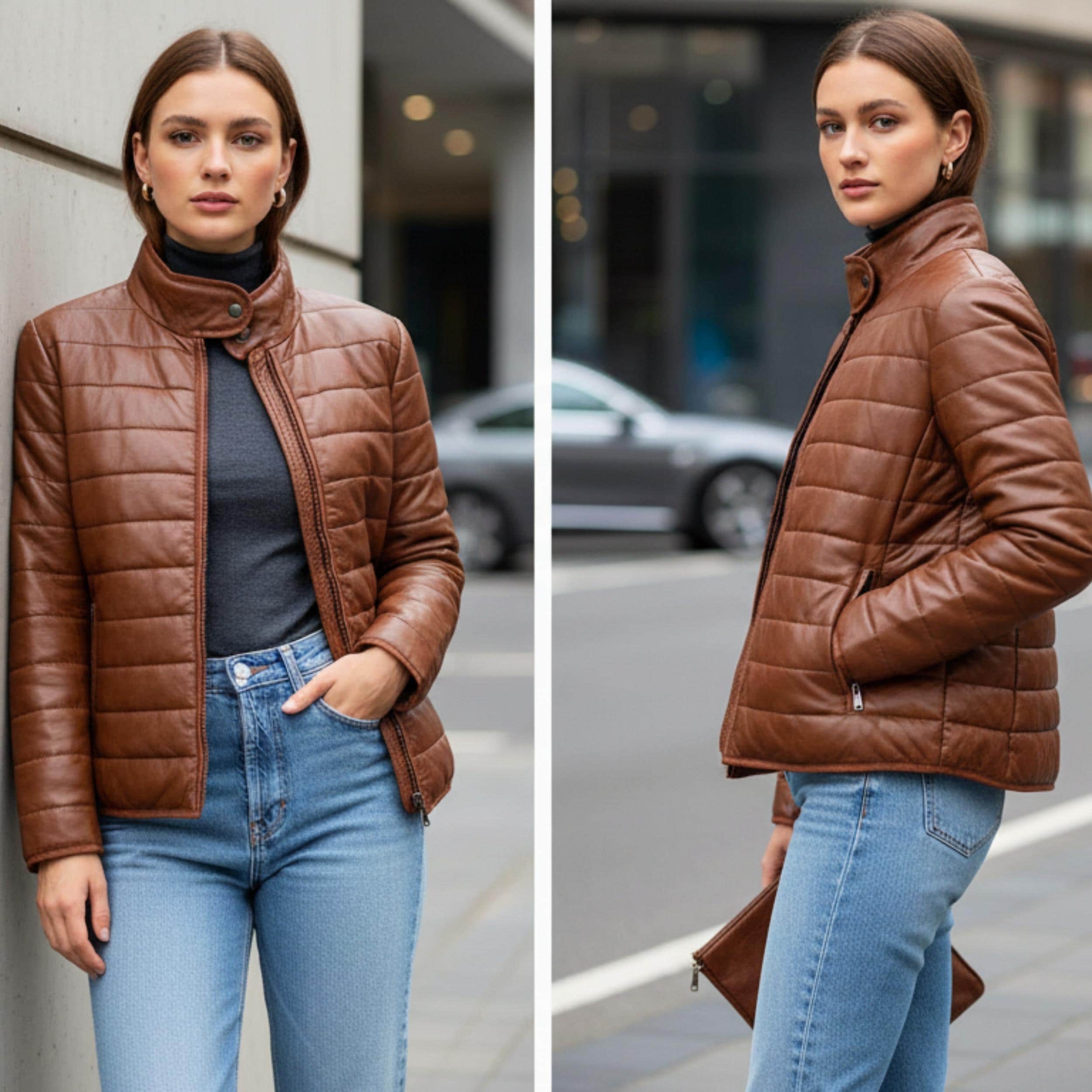 Women Lambskin Leather Puffer Jacket | Quilted Brown Winter Coat | Warm Zip-Up Bomber Jacket | Luxury Outerwear Gift | Australia NZ Fashion