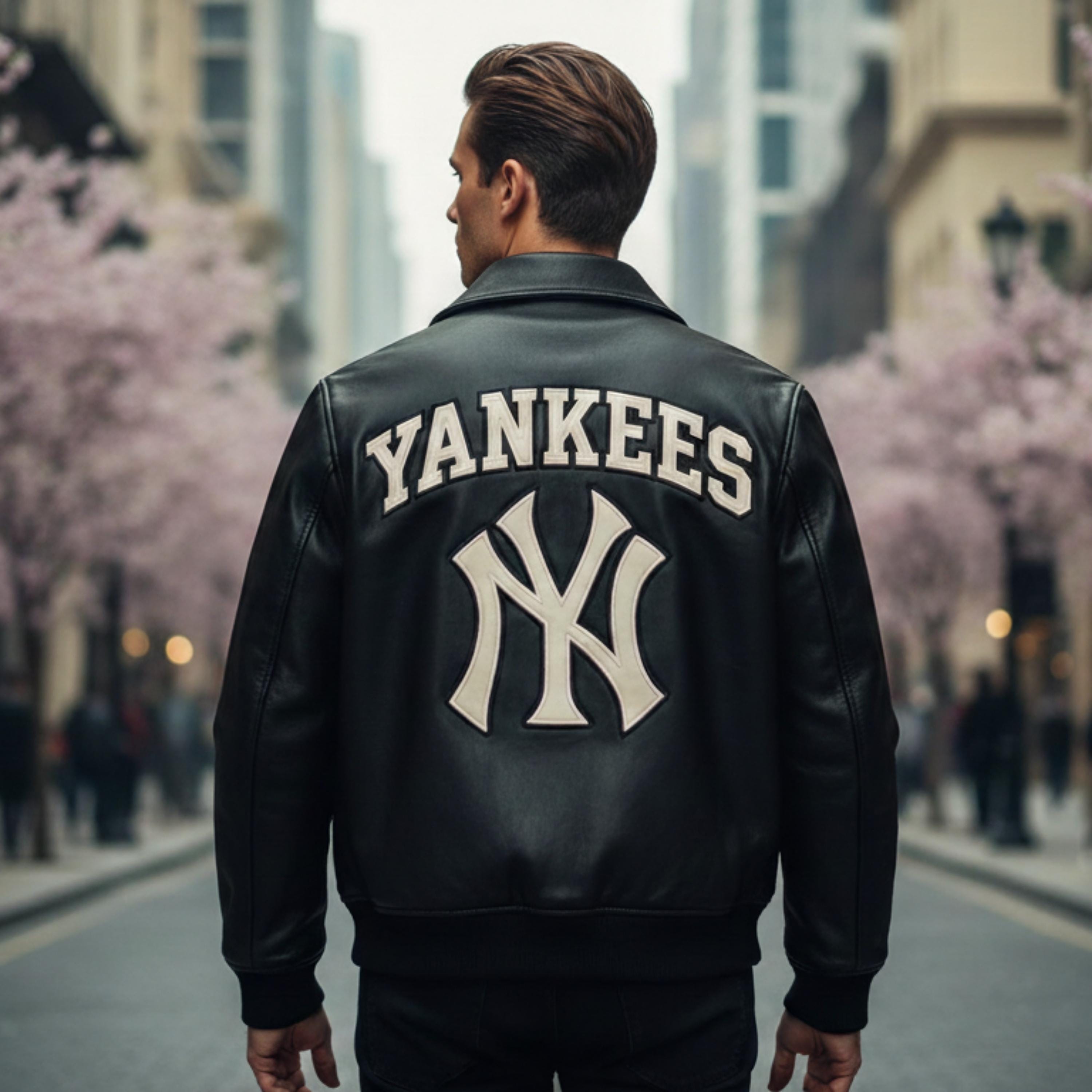 Black Yankees Leather Varsity Jacket | Vintage NY Embroidered Bomber