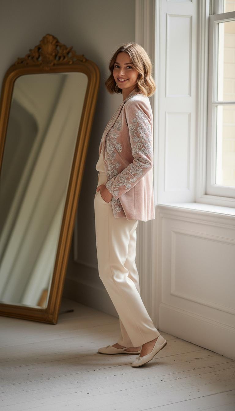 Hand-Embroidered Velvet Coat | Blush Pink Floral Longline Jacket