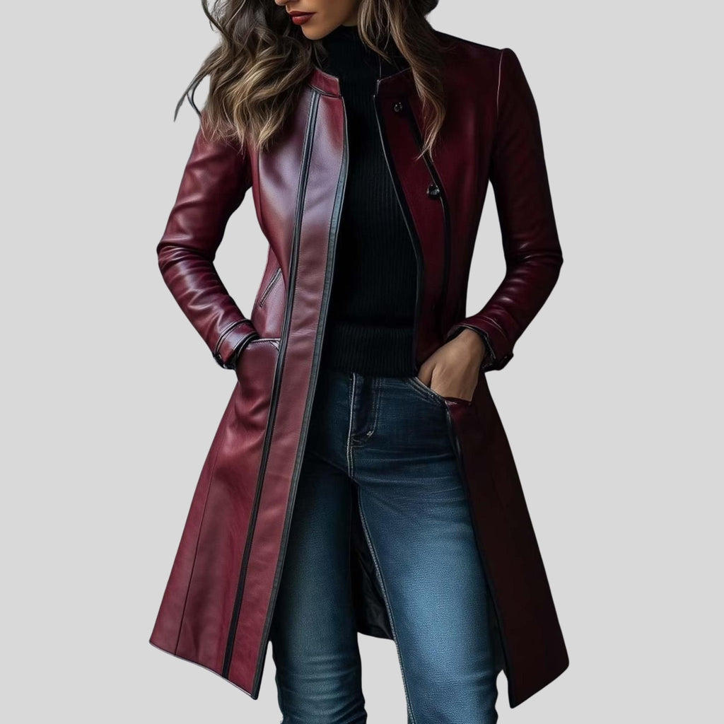 Women’s Handmade Burgundy Leather Long Coat | Vintage Distressed Lambskin Genuine Leather Jacket