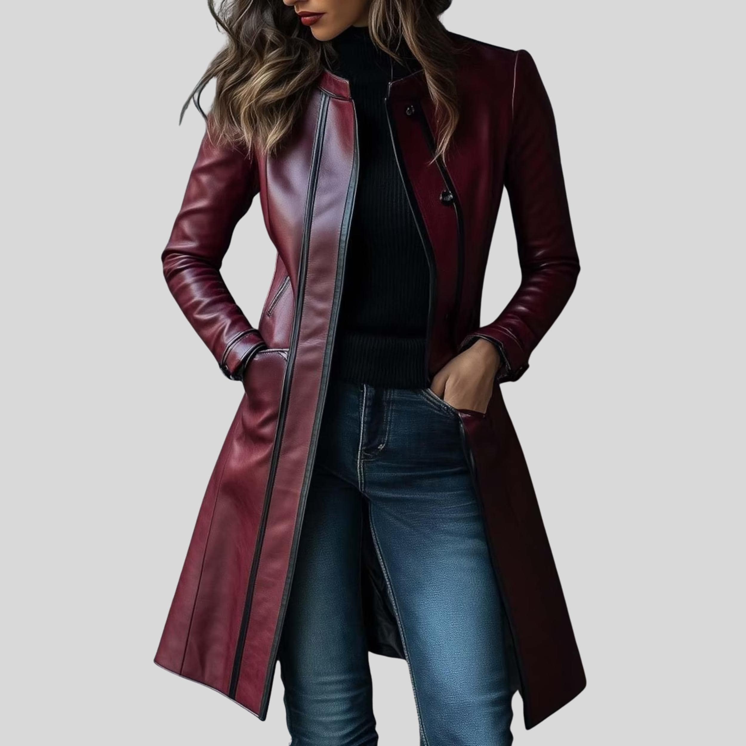 Women’s Handmade Burgundy Leather Long Coat | Vintage Distressed Lambskin Genuine Leather Jacket