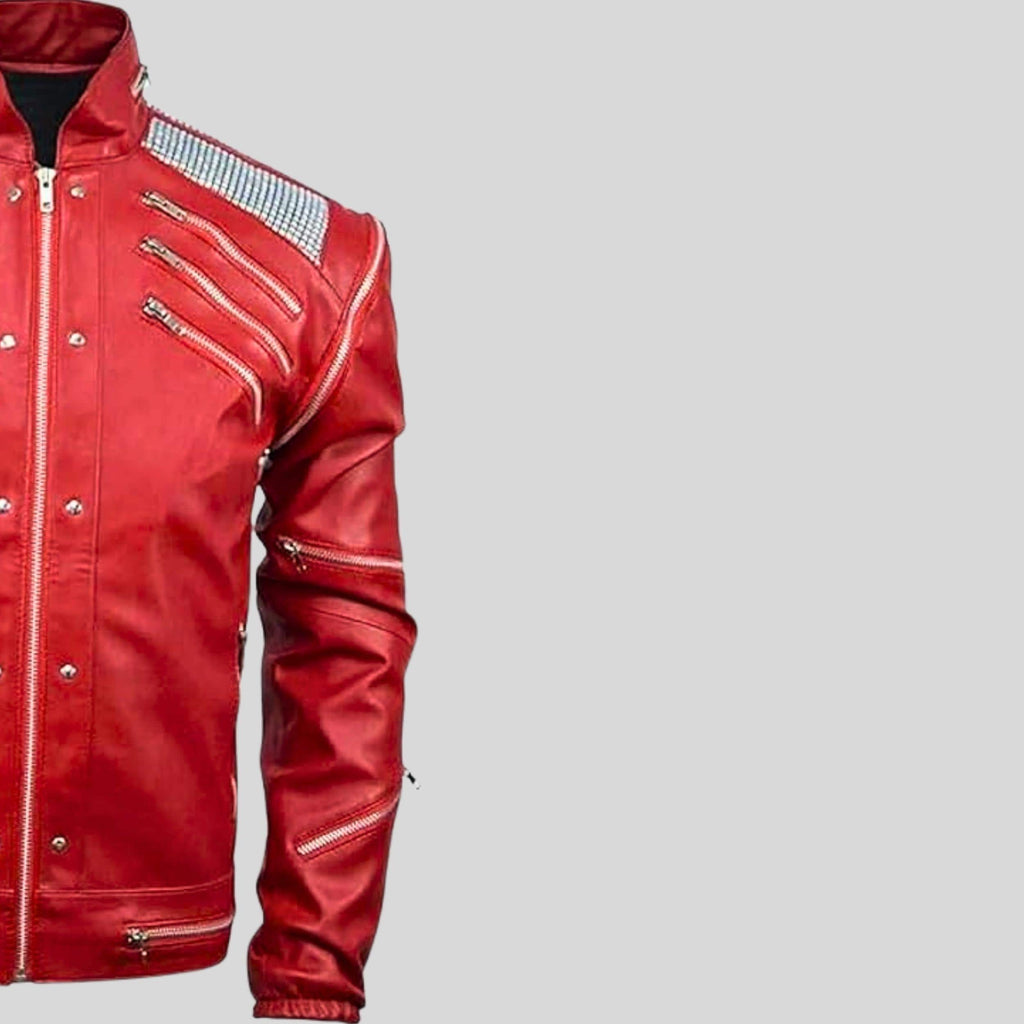 Handmade Michael Jackson Beat It Inspired Red Leather Jacket | 80s Biker MJ Tribute Costume | Zip-up Genuine Leather Cosplay Outfit
