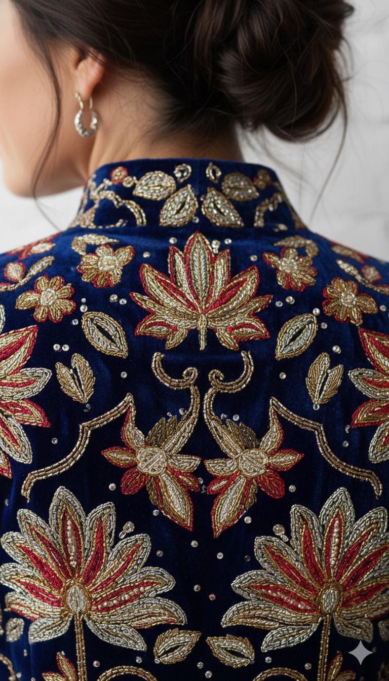 Women’s Hand-Embroidered Velvet Jacket | Luxury Floral Designer Blazer | Royal Blue Statement Evening Outerwear