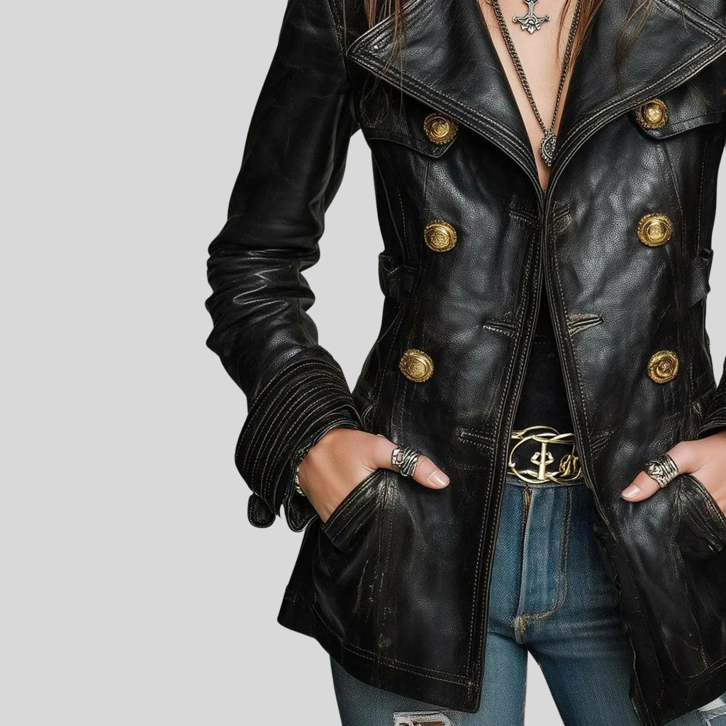 Women’s Handmade Black Distressed Jeans Style Leather Coat | Vintage Style Double-Breasted Gold Button Jacket | Goth Outerwear