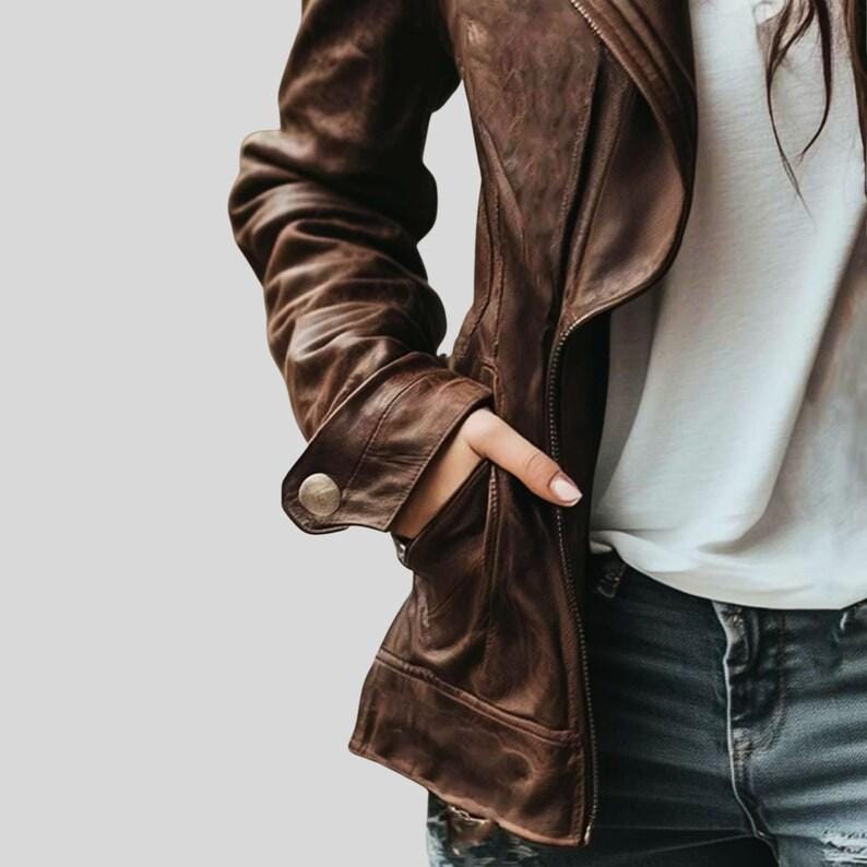 Women's Handmade Vintage Brown Leather Jacket | Lapel Collar Biker Coat