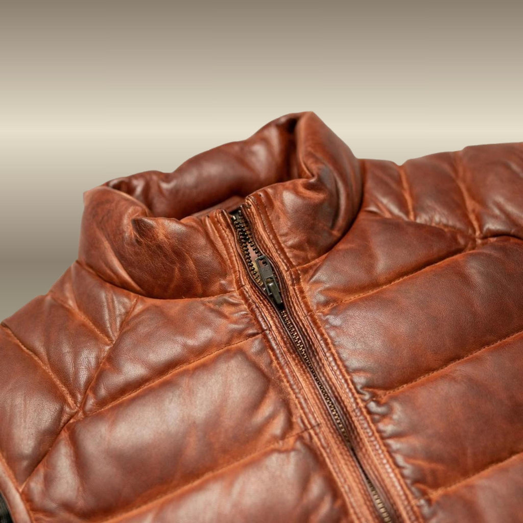 Men’s Distressed Brown Lambskin Leather Quilted Puffer Vest | Bridger Style Down Vest | Australia New Zealand Fashion Outerwear