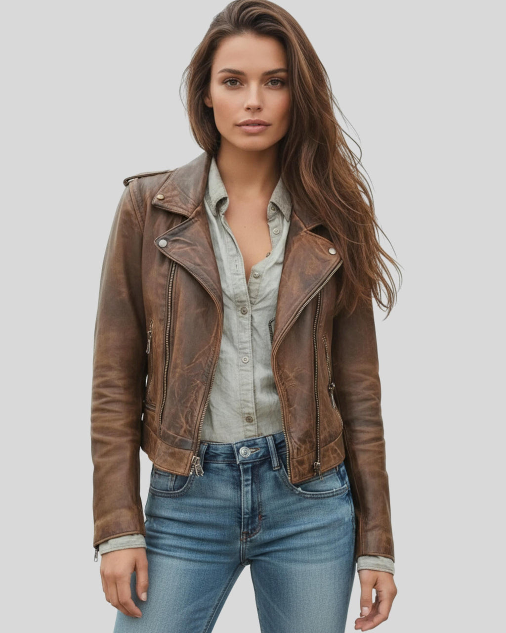 Women’s Brown Lambskin Leather Jacket | Vintage Distressed Biker Style | Handmade Real Leather Outerwear | Gift for her