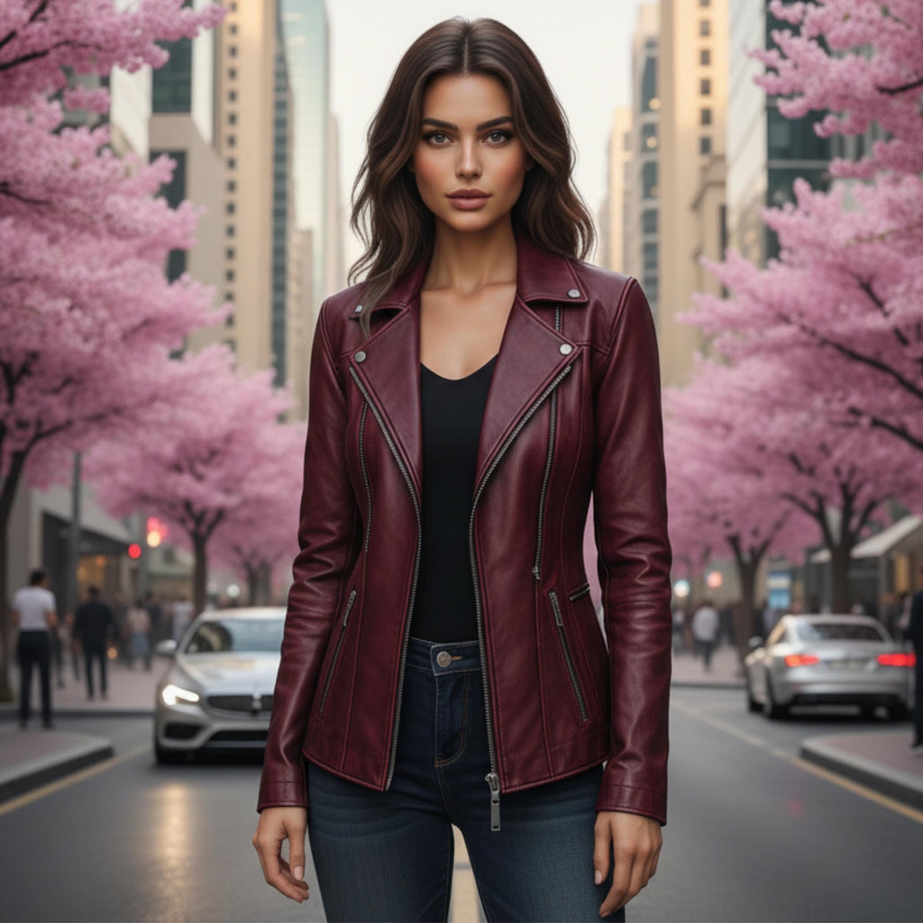 Women's Vintage Burgundy Natural Leather Jacket | Handmade Retro Coat