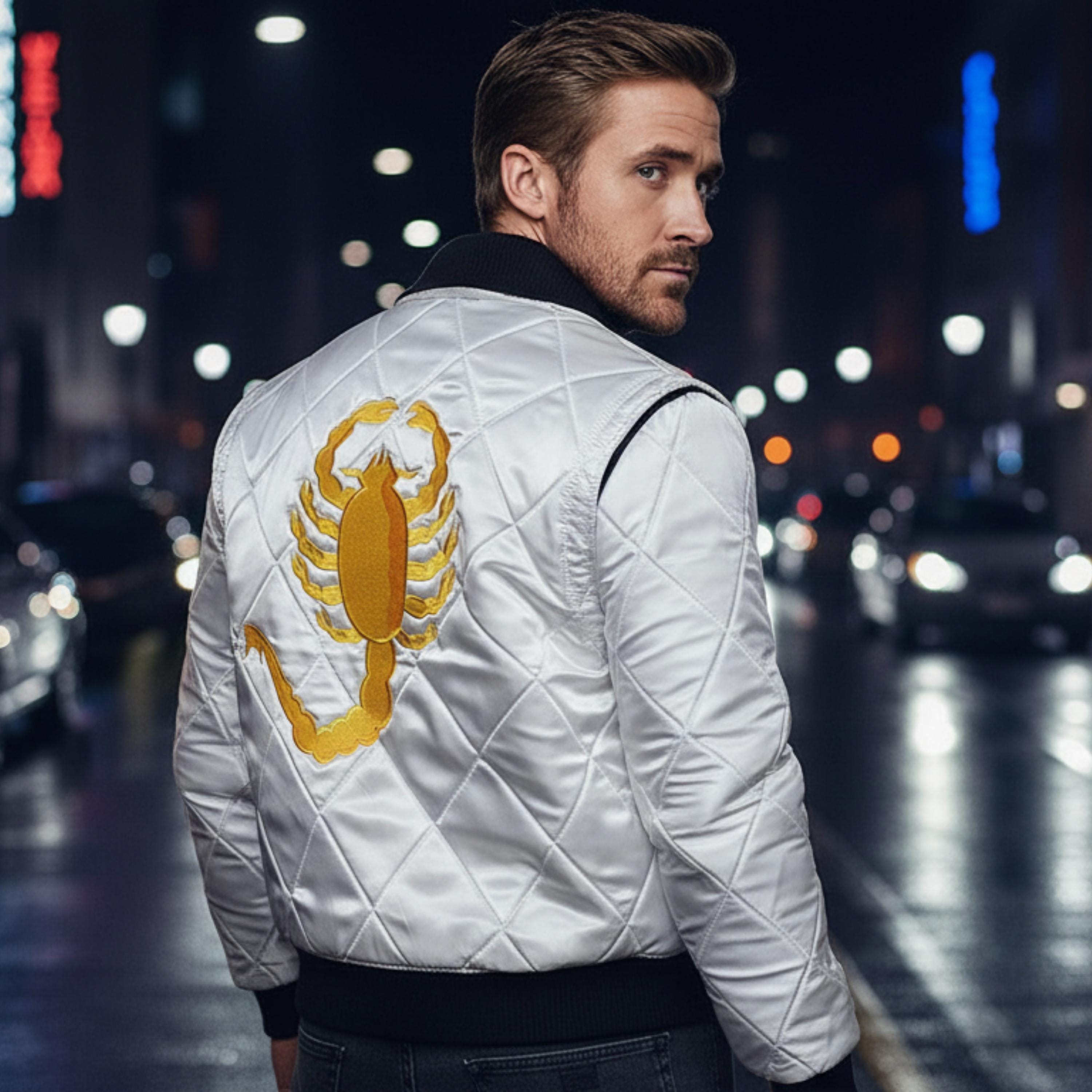 Ryan Gosling Drive Scorpion Jacket | Lightweight White Satin Bomber Jacket | Handmade Retro Movie Inspired Varsity Biker Outerwear