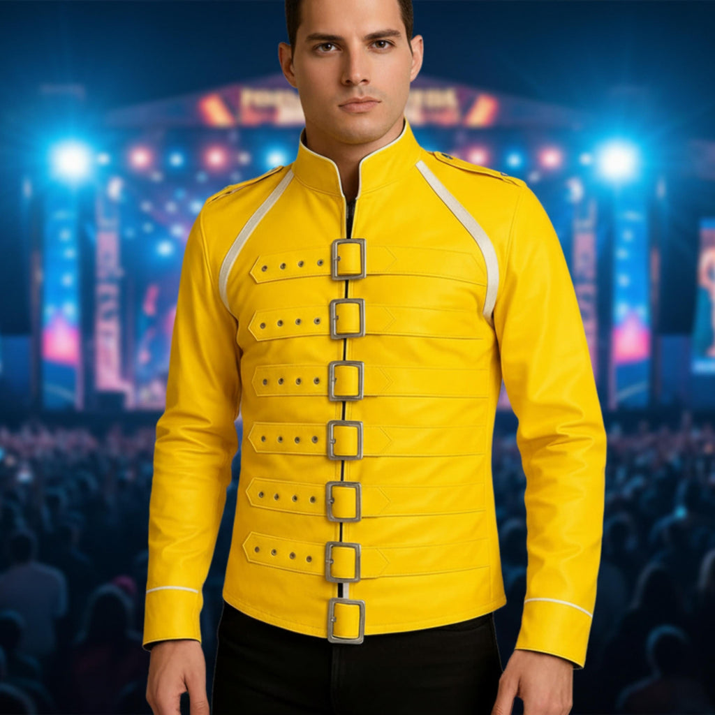 Freddie Mercury Yellow Faux Leather Jacket | Wembley Concert Inspired Military Style Coat | 80s Rock Star Buckle Strap Jacket