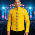 Freddie Mercury Yellow Faux Leather Jacket | Wembley Concert Inspired Military Style Coat | 80s Rock Star Buckle Strap Jacket