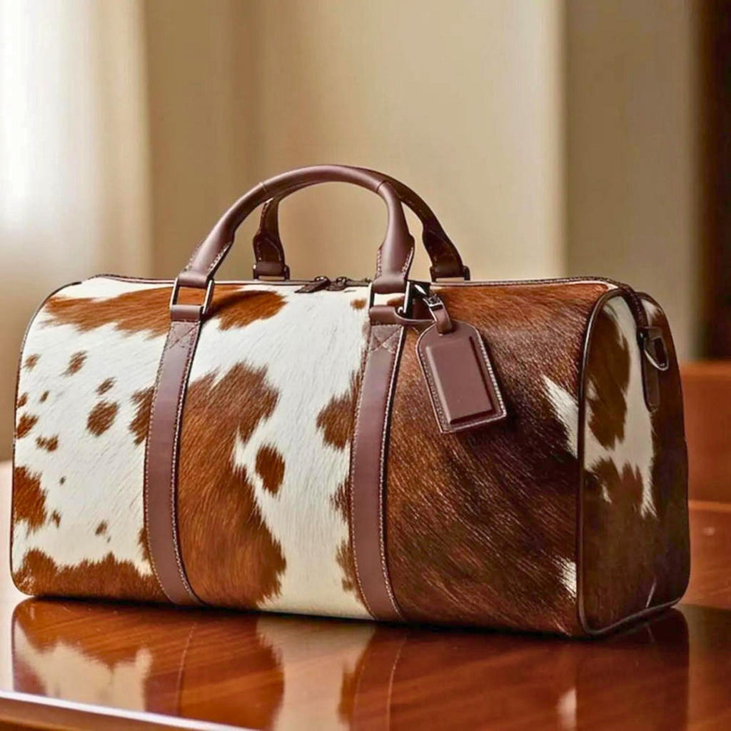 Personalized Cowhide Leather Duffel Bag | Hair On Hide Weekender Travel Bag | Handmade Western Unisex Overnight Gym Bag | Gift for Dad