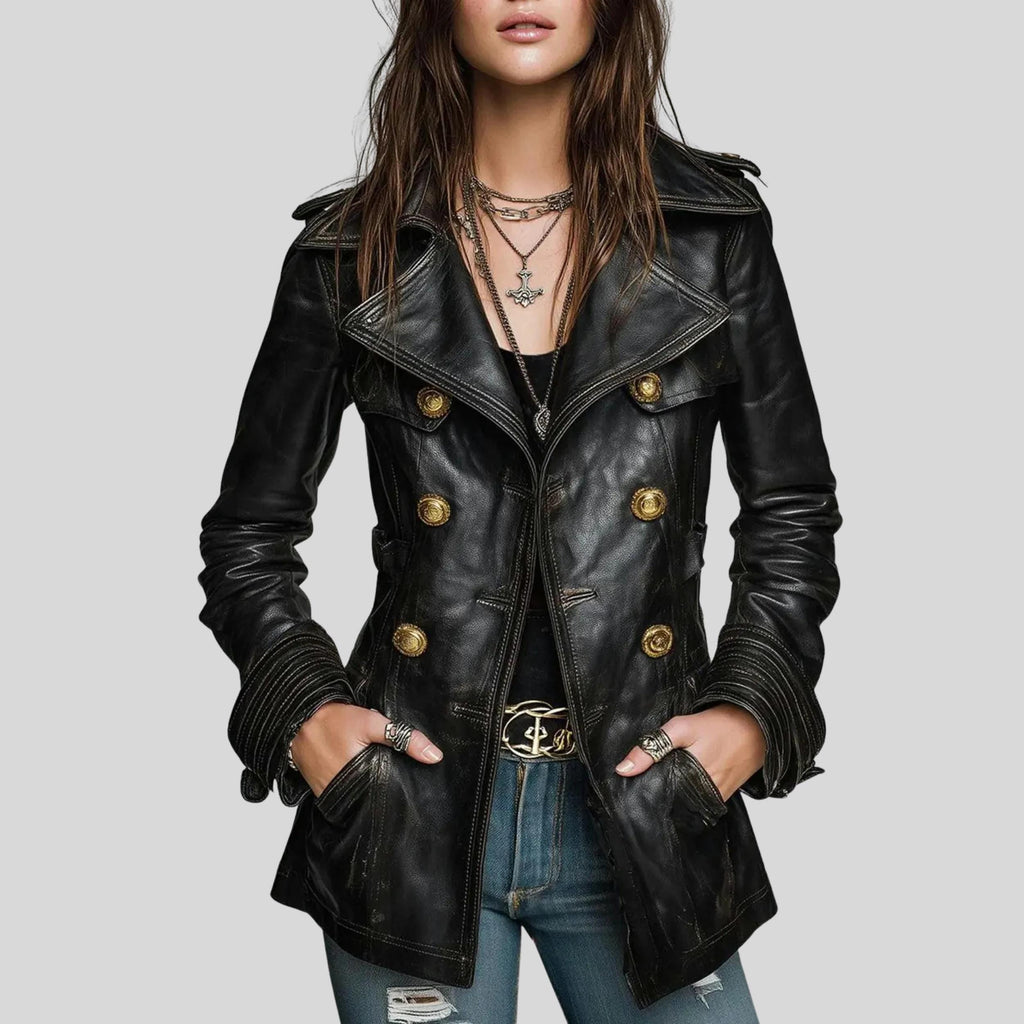 Women’s Handmade Black Distressed Jeans Style Leather Coat | Vintage Style Double-Breasted Gold Button Jacket | Goth Outerwear