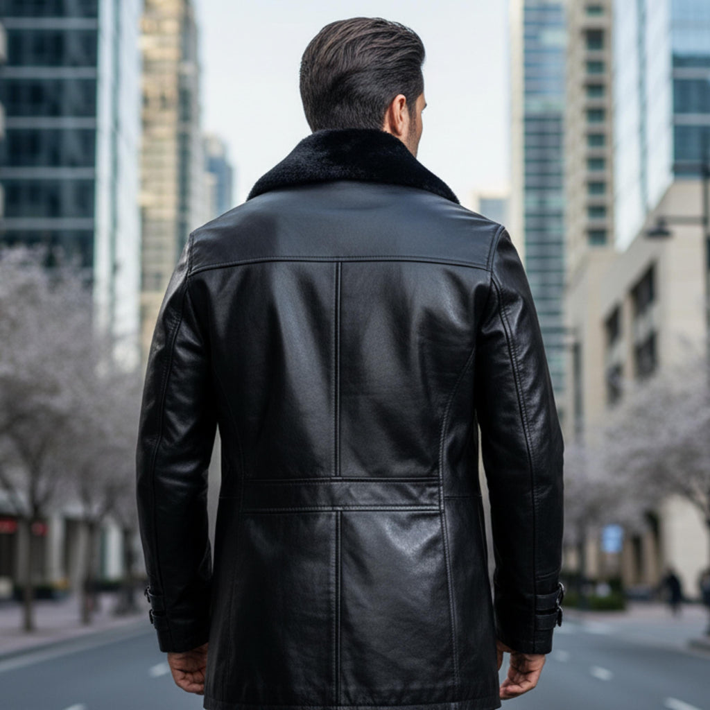 RE9 Leon S Kennedy Black Leather Trench Jacket with Fur Collar | Resident Evil Requiem Cosplay Leather Coat