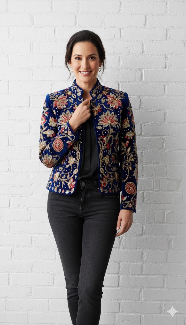 Women’s Hand-Embroidered Velvet Jacket | Luxury Floral Designer Blazer | Royal Blue Statement Evening Outerwear