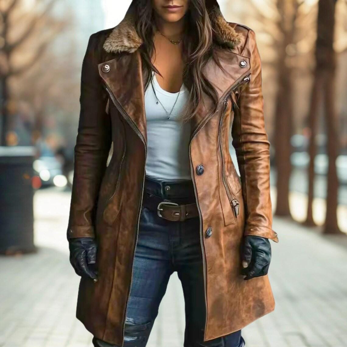 Women's Handmade Distressed Brown Leather Coat | Vintage Lambskin Shearling Collar Long Jacket