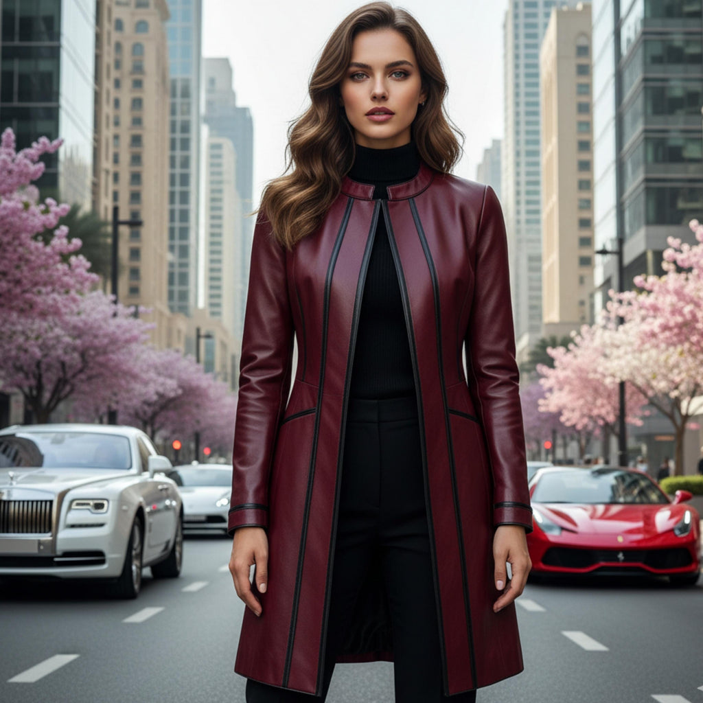 Women’s Handmade Burgundy Leather Long Coat | Vintage Distressed Lambskin Genuine Leather Jacket