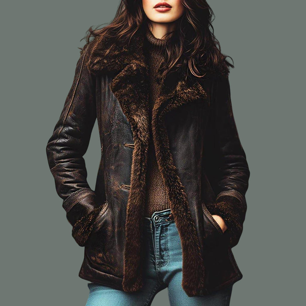 Women’s Handmade Dark Brown Shearling Coat | Vintage Aviator Sheepskin Distressed Jacket | New Year Gift