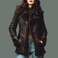 Women’s Handmade Dark Brown Shearling Coat | Vintage Aviator Sheepskin Distressed Jacket | New Year Gift