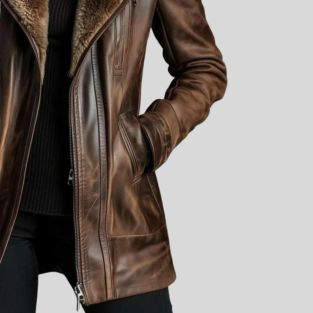 Women’s Brown Shearling Coat | Handmade Natural Leather Winter Jacket with Faux Fur Collar & Lapel