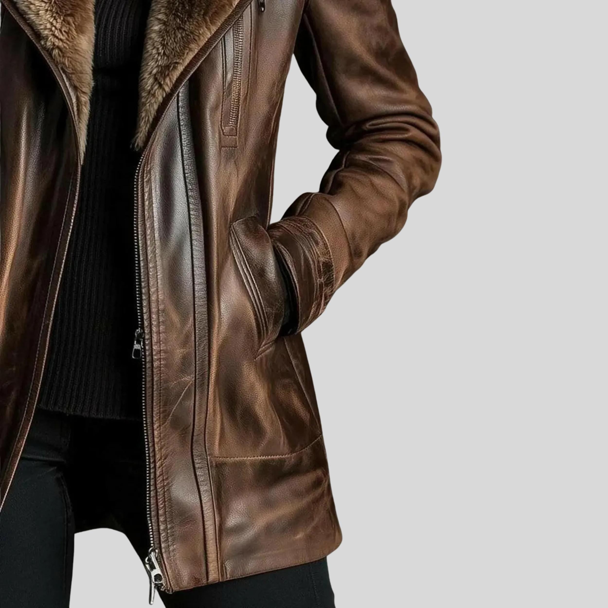 Women’s Brown Shearling Coat | Handmade Natural Leather Winter Jacket with Faux Fur Collar & Lapel