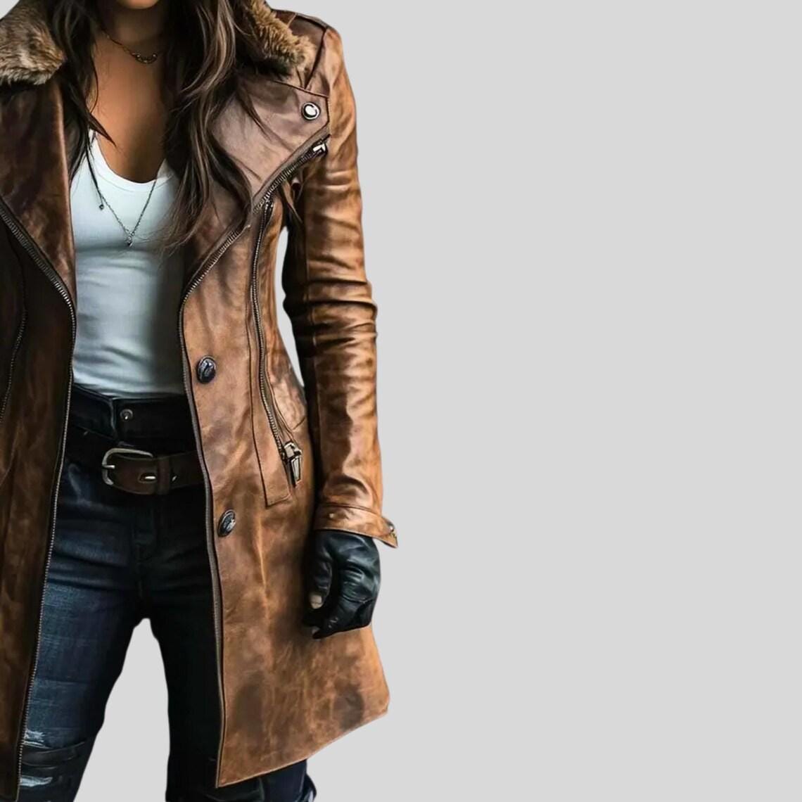 Women's Handmade Distressed Brown Leather Coat | Vintage Lambskin Shearling Collar Long Jacket