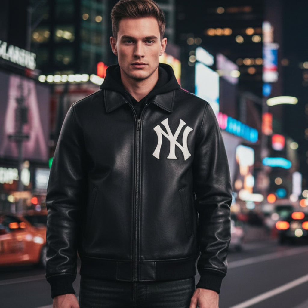 Black Yankees Leather Varsity Jacket | Vintage NY Embroidered Bomber