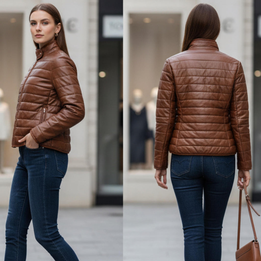 Women Lambskin Leather Puffer Jacket | Quilted Brown Winter Coat | Warm Zip-Up Bomber Jacket | Luxury Outerwear Gift | Australia NZ Fashion