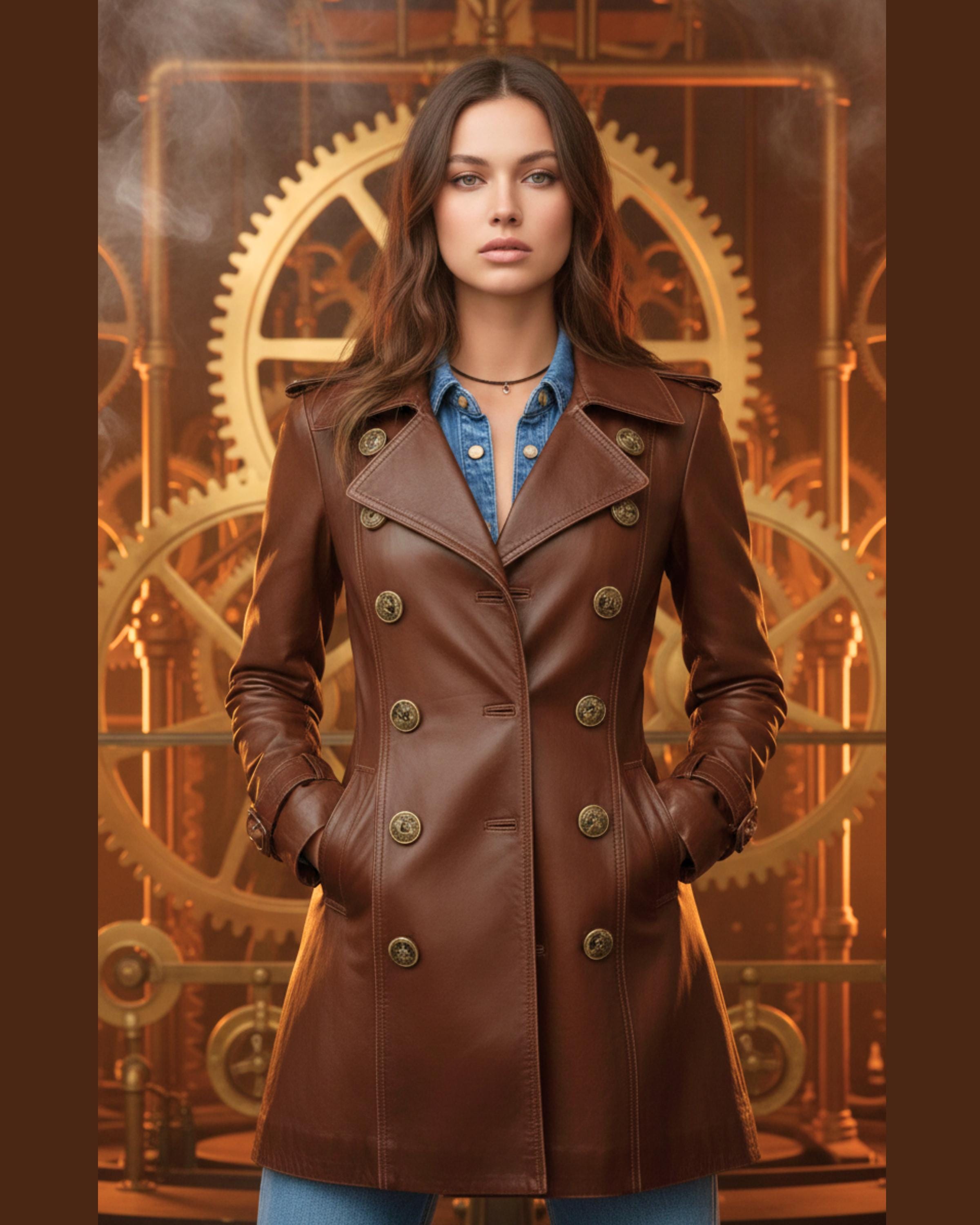 Women’s Vintage Brown Leather Coat | Handmade Genuine Leather Long Jacket with Stylish Collar & Lapel