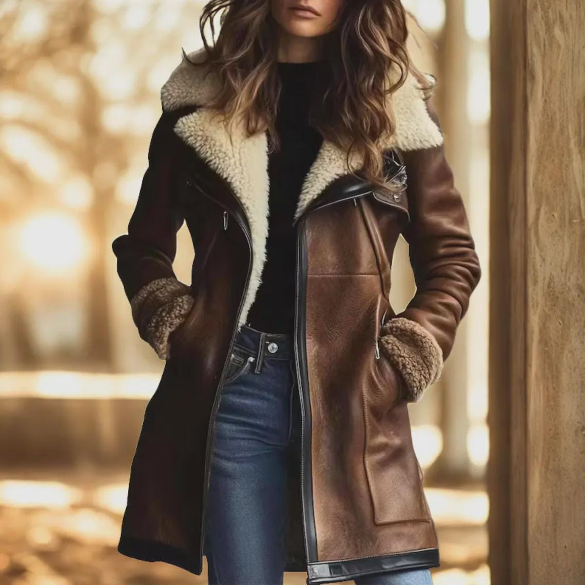 Women's Sheepskin Aviator Jacket | Genuine Leather Coat | Faux Fur Lapel Collar