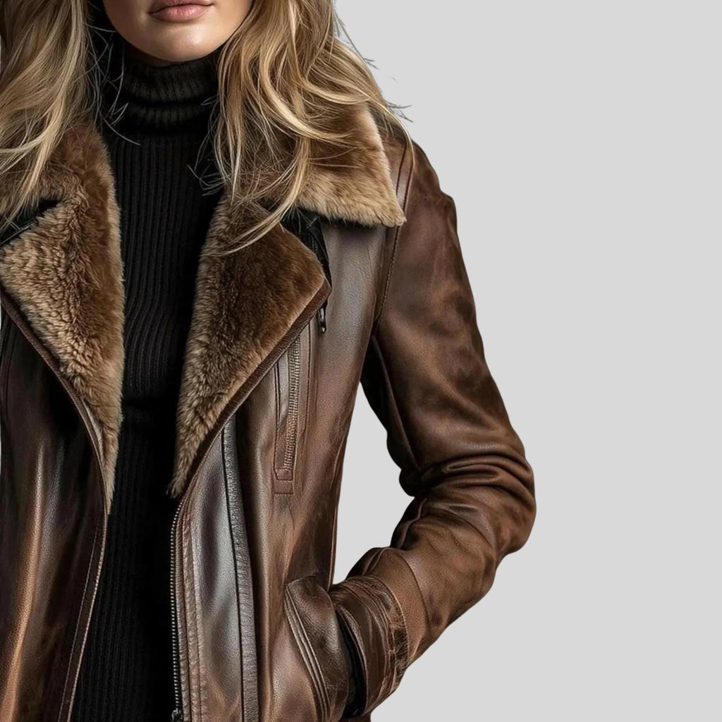 Women’s Brown Shearling Coat | Handmade Natural Leather Winter Jacket with Faux Fur Collar & Lapel