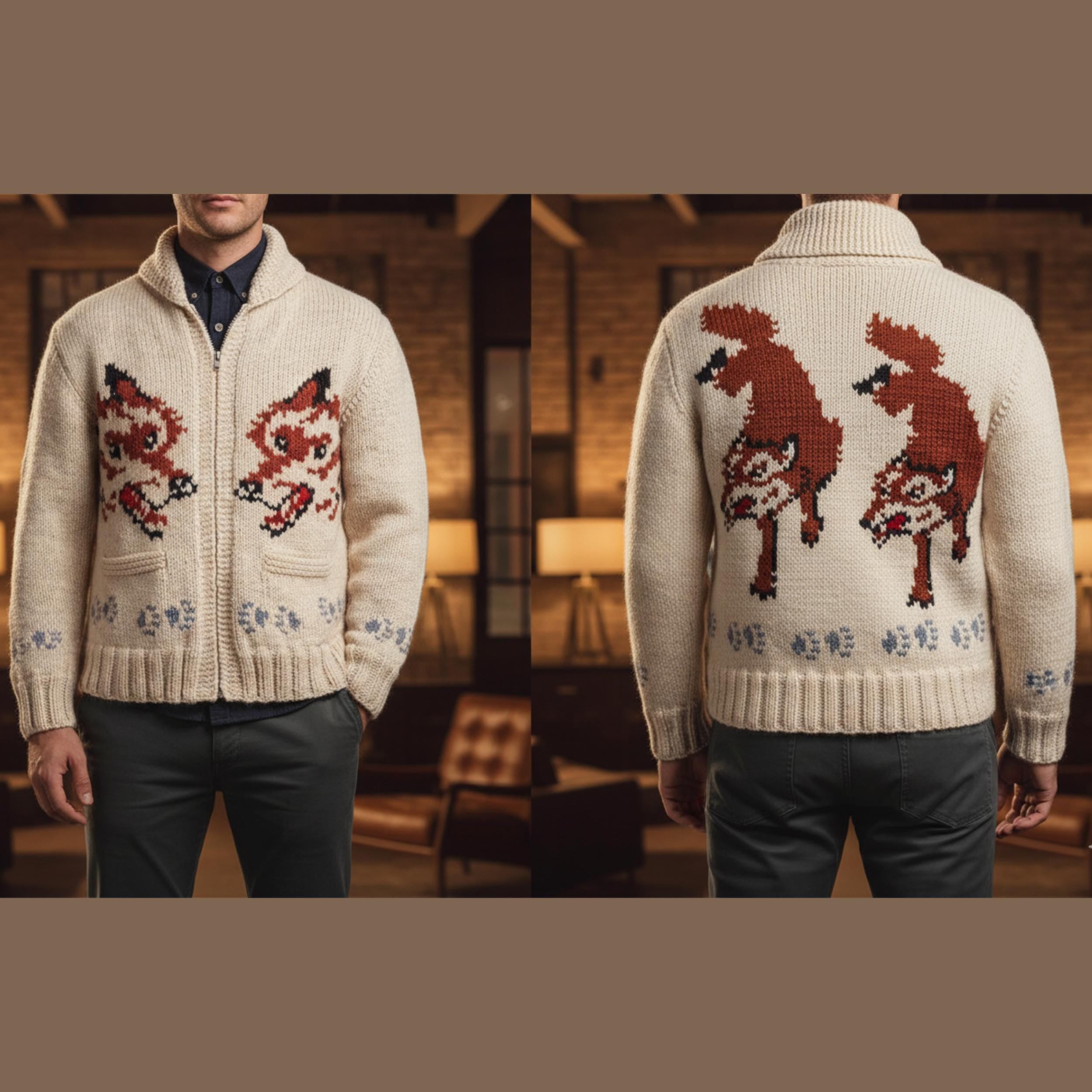 Handmade Wool Wolf Cardigan Sweater | Mary Maxim Inspired Nordic Knit Jacket