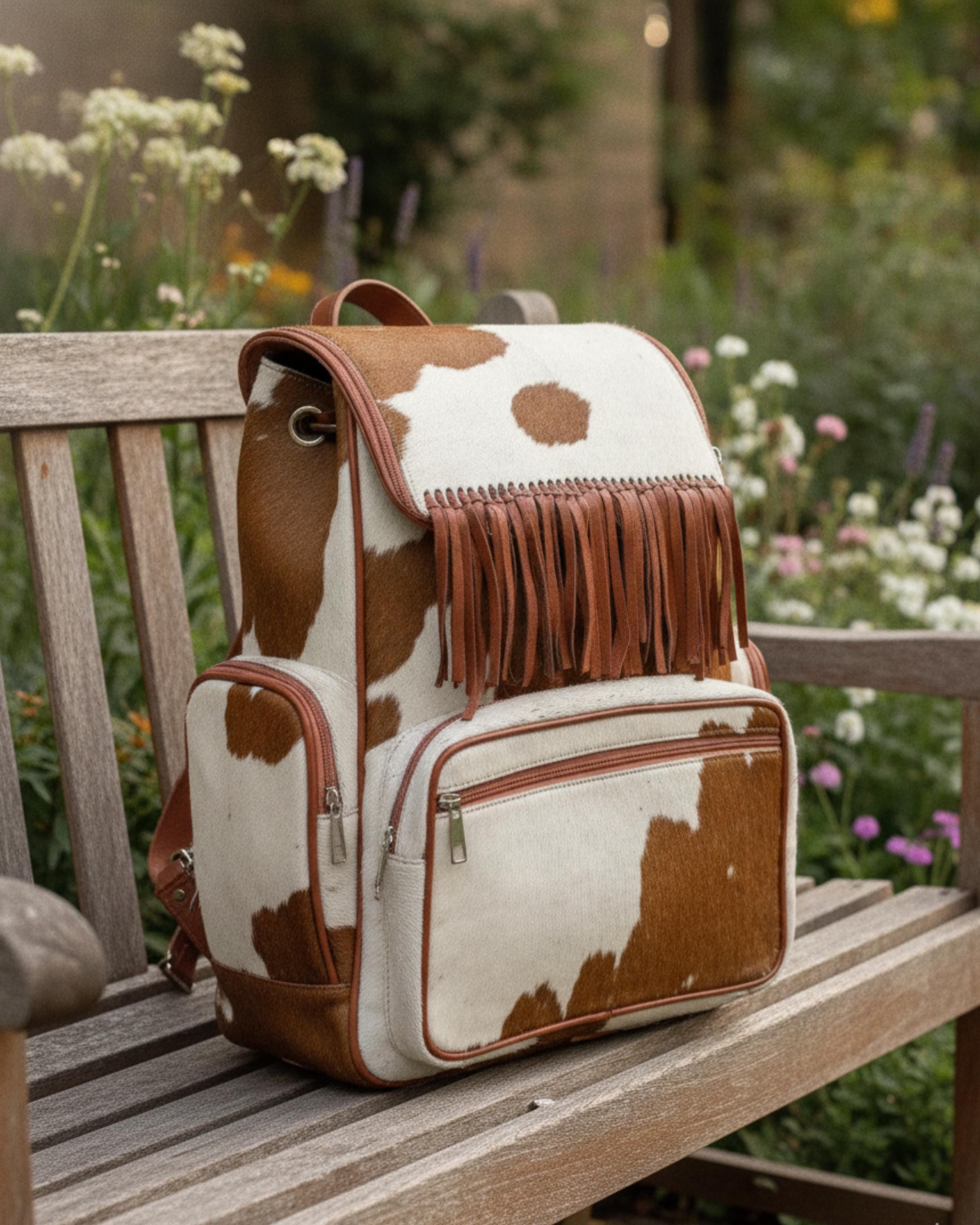 Handcrafted Cowhide Hair-On Leather Backpack with Fringe | Western Travel Bag | Gift for Dad