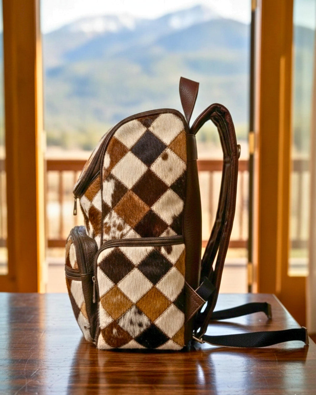 Handmade Cowhide Hair-On Backpack | Natural Multi Color Patchwork Leather Rucksack | Western Travel Bag