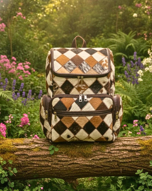 Handmade Cowhide Hair-On Backpack | Natural Multi Color Patchwork Leather Rucksack | Western Travel Bag
