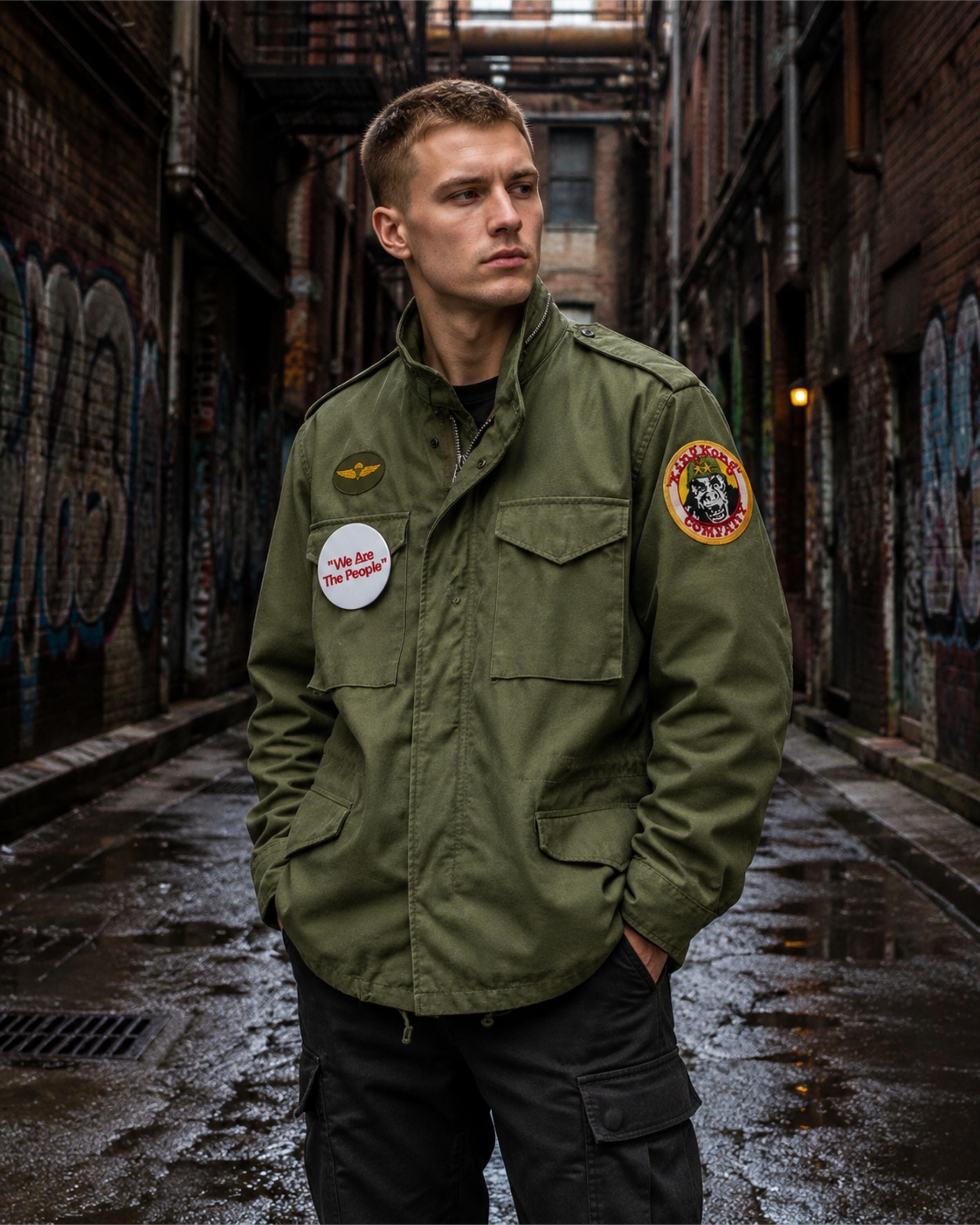 Handmade Green Cotton M65 Military Field Jacket | Taxi Driver Style Coat | Lightweight Military Jacket with Gorilla Logo