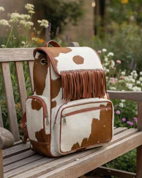 Handcrafted Cowhide Hair-On Leather Backpack with Fringe | Western Travel Bag | Gift for Dad