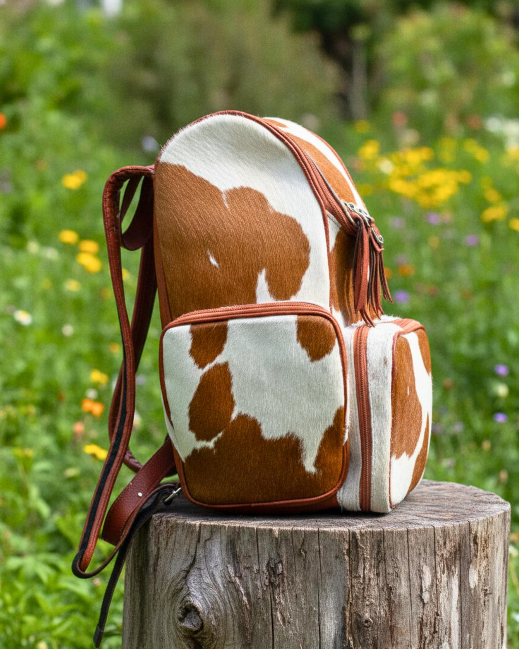 Handcrafted Cowhide Hair-On Leather Backpack with Fringe | Western Travel Bag | Gift for Dad