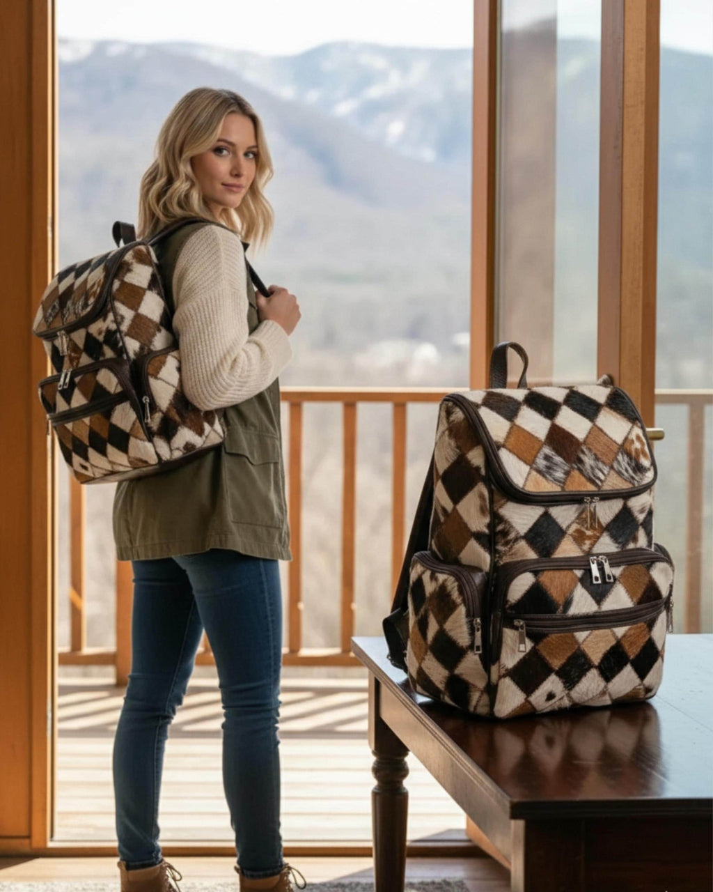 Handmade Cowhide Hair-On Backpack | Natural Multi Color Patchwork Leather Rucksack | Western Travel Bag