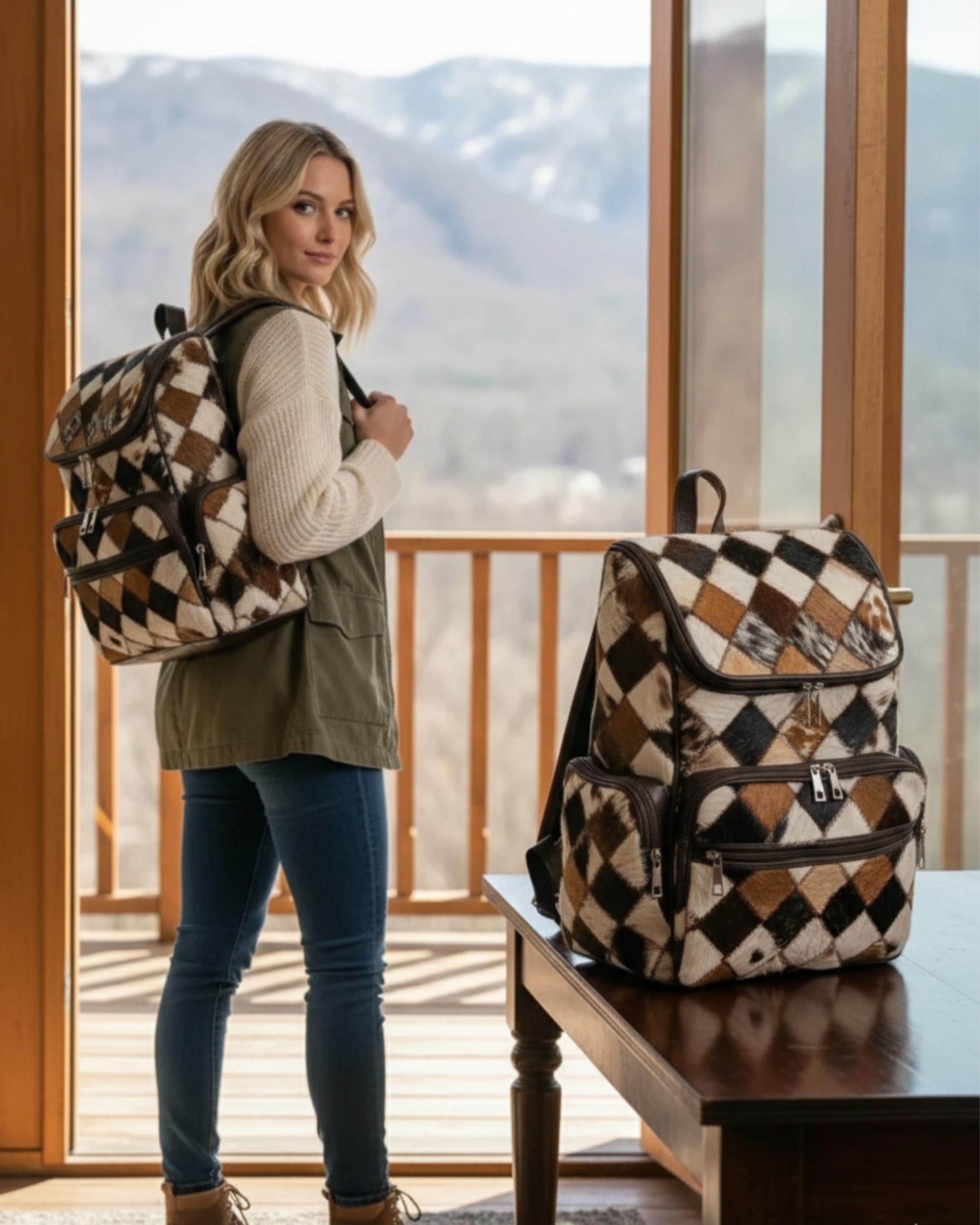 Handmade Cowhide Hair-On Backpack | Natural Multi Color Patchwork Leather Rucksack | Western Travel Bag