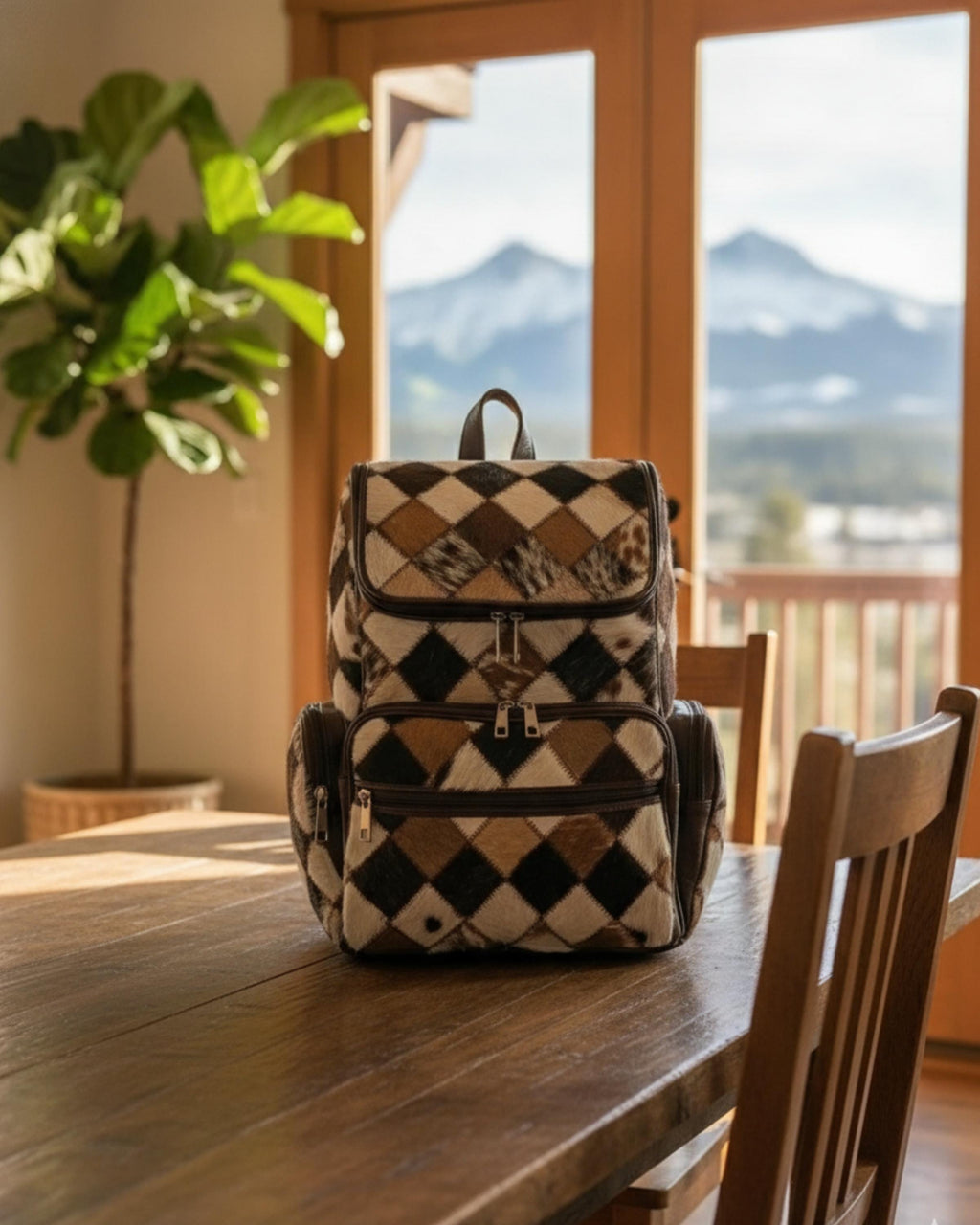 Handmade Cowhide Hair-On Backpack | Natural Multi Color Patchwork Leather Rucksack | Western Travel Bag