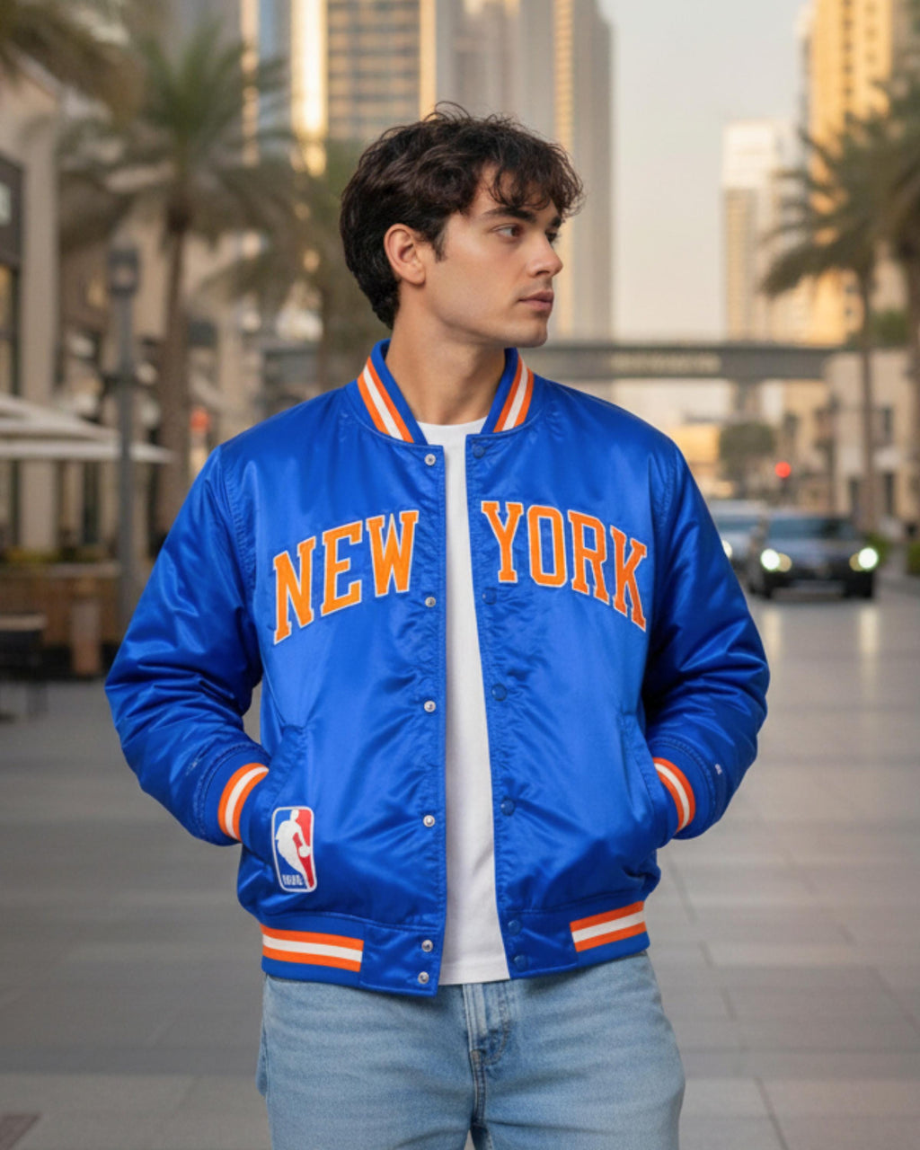 New York Satin Varsity Bomber Jacket | Retro Basketball Letterman Jacket | Vintage Streetwear Coat