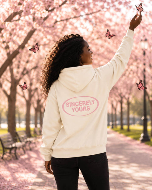 Embroidered Salish Matter Sincerely Yours Cream Hoodie | Sweet Life SY Oversized Fleece Pullover with Hidden Gloss Pocket