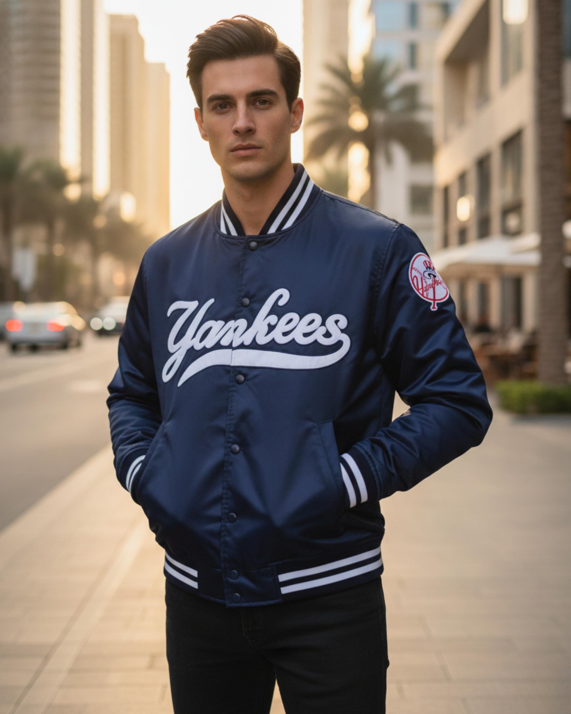 Vintage 90s New York Yankees Satin Baseball Bomber Jacket | MLB Varsity Style | Navy Blue Streetwear